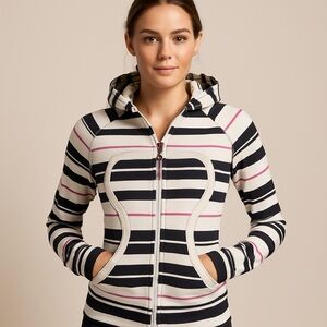 Lululemon Scuba Hoodie Traverse/Stripe Paris Perfection white/pink/blk, sz 2